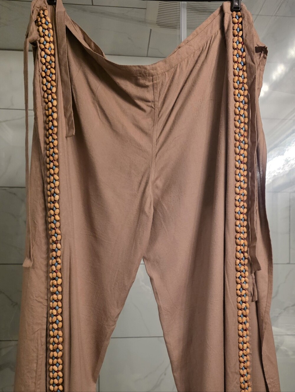 NWOT Soft Surroundings Beaded Edged Tan Brown Wrap Sarong Harem Tie Pants Sz S